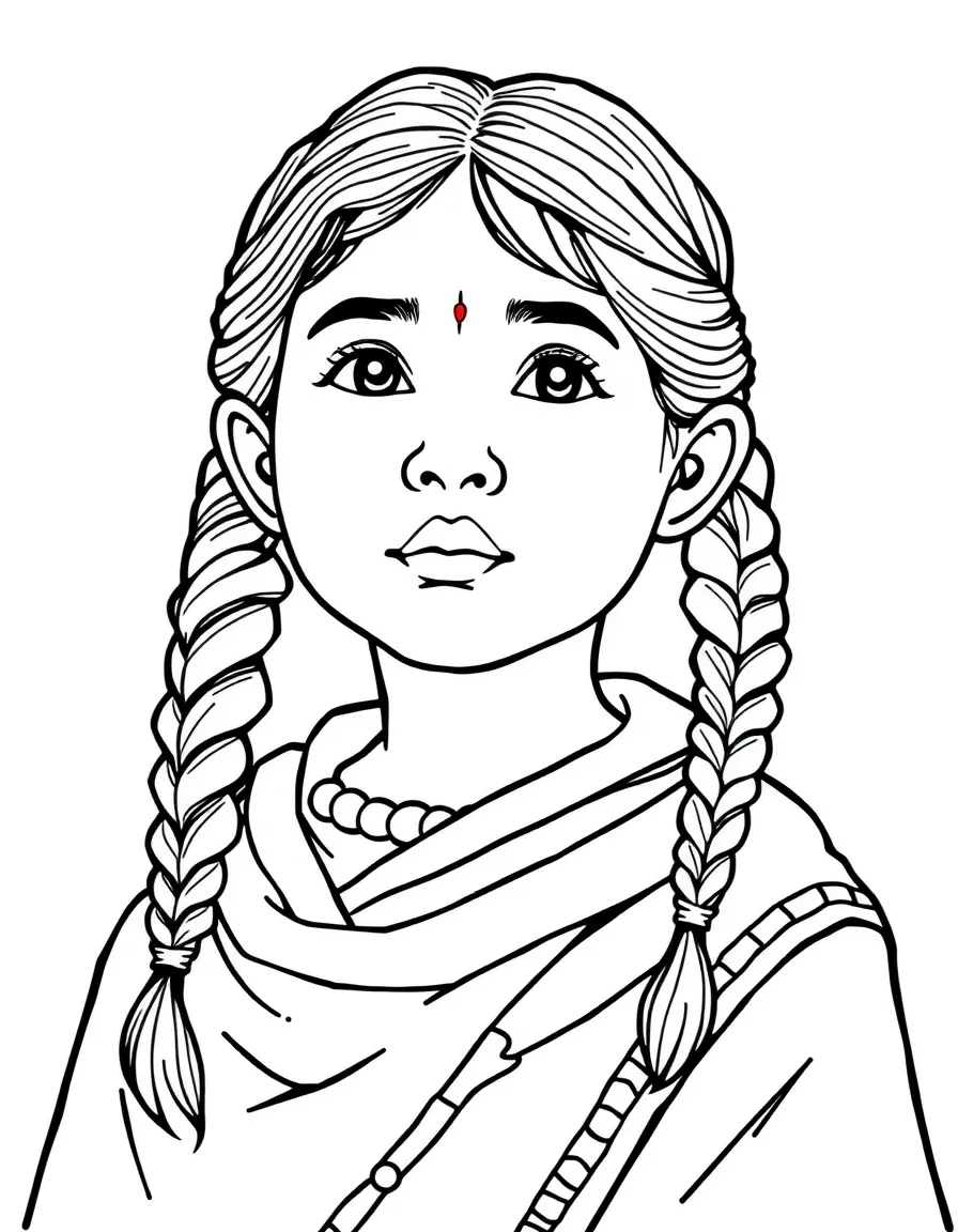 A Peruvian girl with braids, wearing a simple red woven shawl.