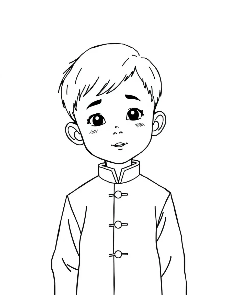 A Vietnamese boy with short hair, wearing a plain white ao dai.