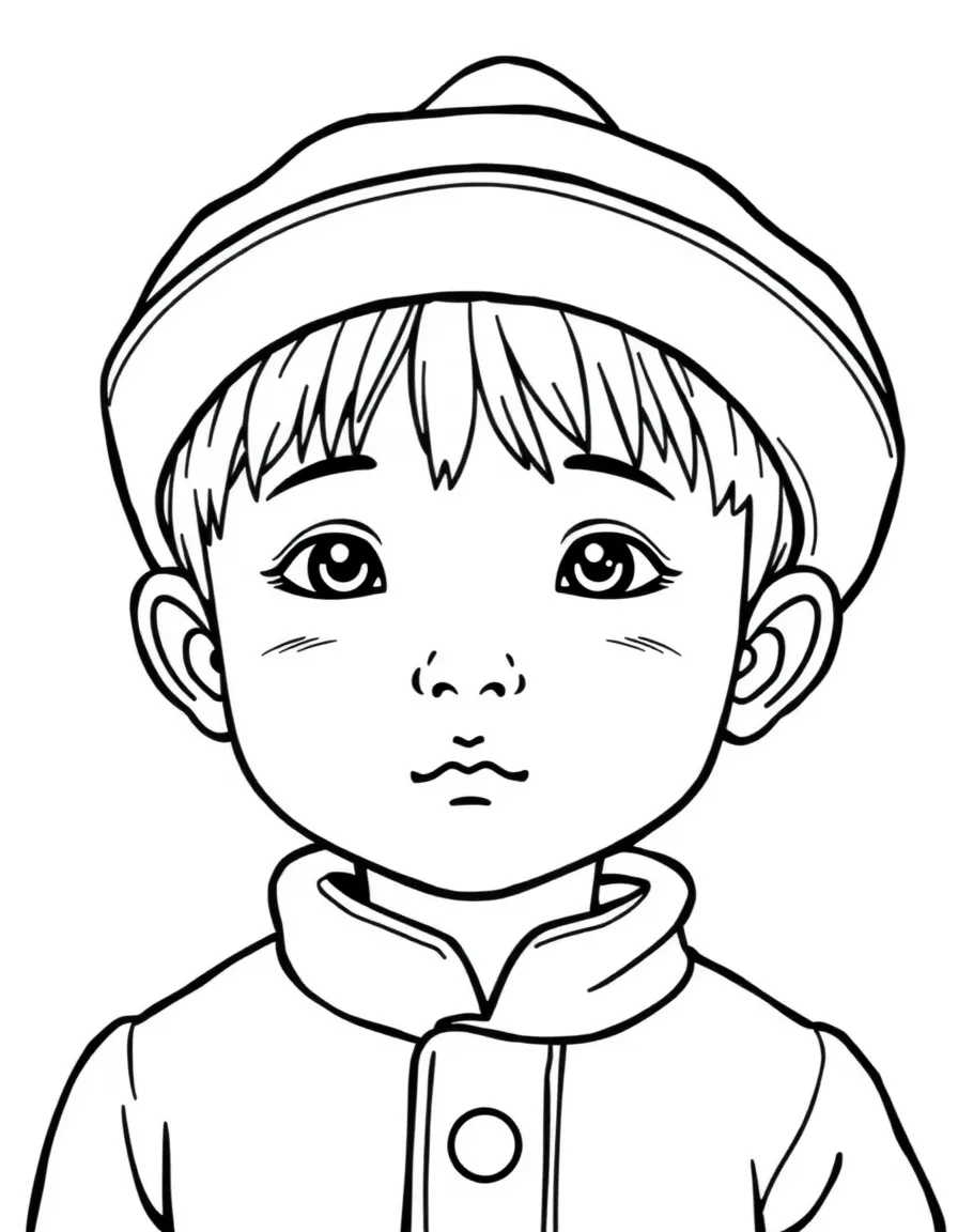 A Mongolian boy with short hair, wearing a simple brown felt hat.