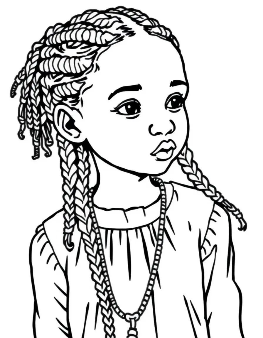 An Ethiopian girl with braided hair, wearing a plain white cotton dress.