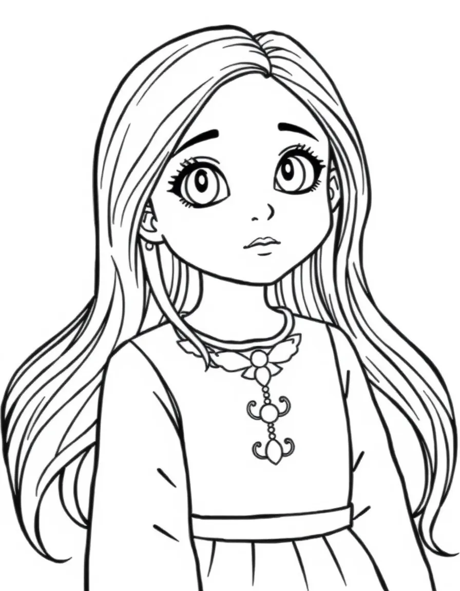A Turkish girl with long dark hair, wearing a plain red traditional dress.