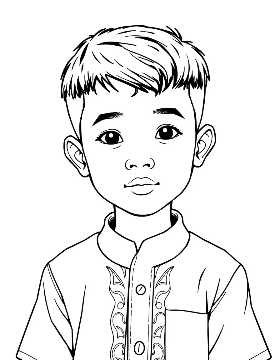 An Indonesian boy with short black hair, wearing a plain batik shirt.