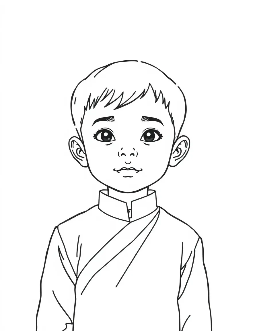 A Cambodian boy with short hair, wearing a plain orange sampot.