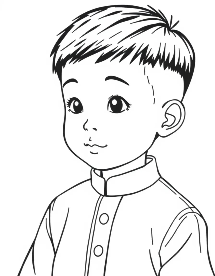 A Malaysian boy with short black hair, wearing a plain blue baju melayu.