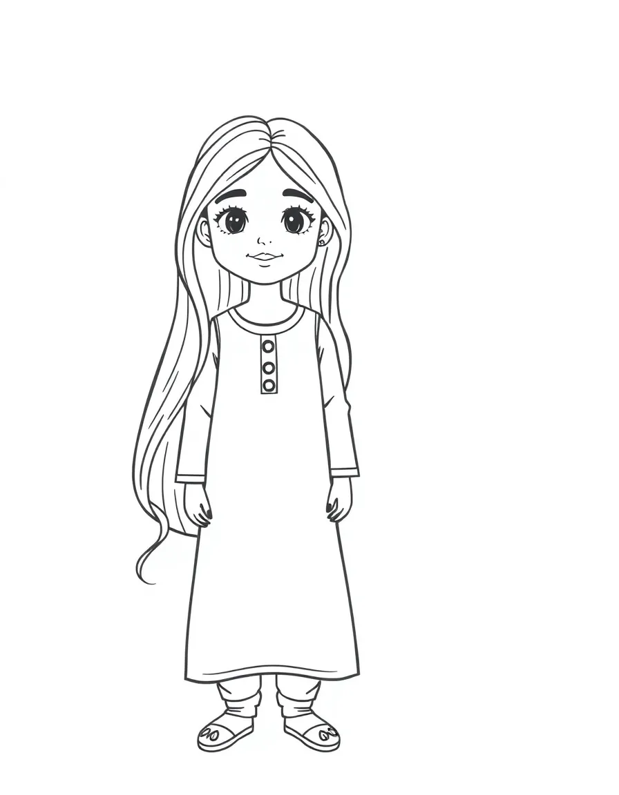 A Pakistani girl with long dark hair, wearing a plain pink shalwar kameez.
