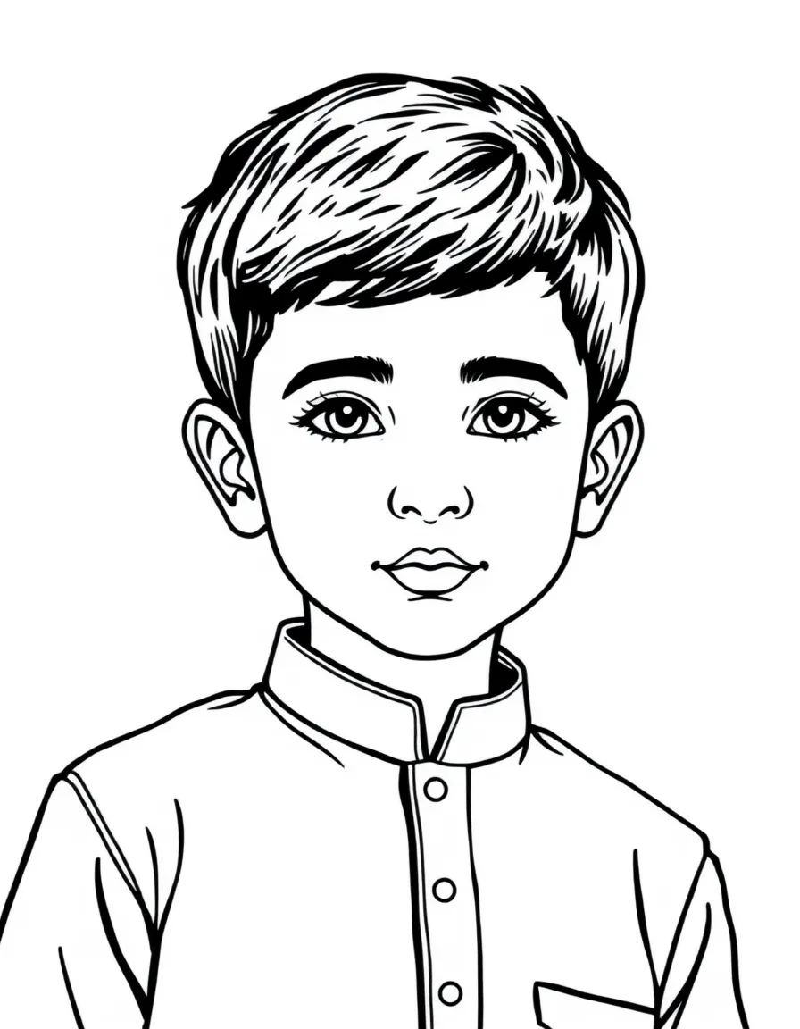 An Iranian boy with short dark hair, wearing a plain green traditional shirt.
