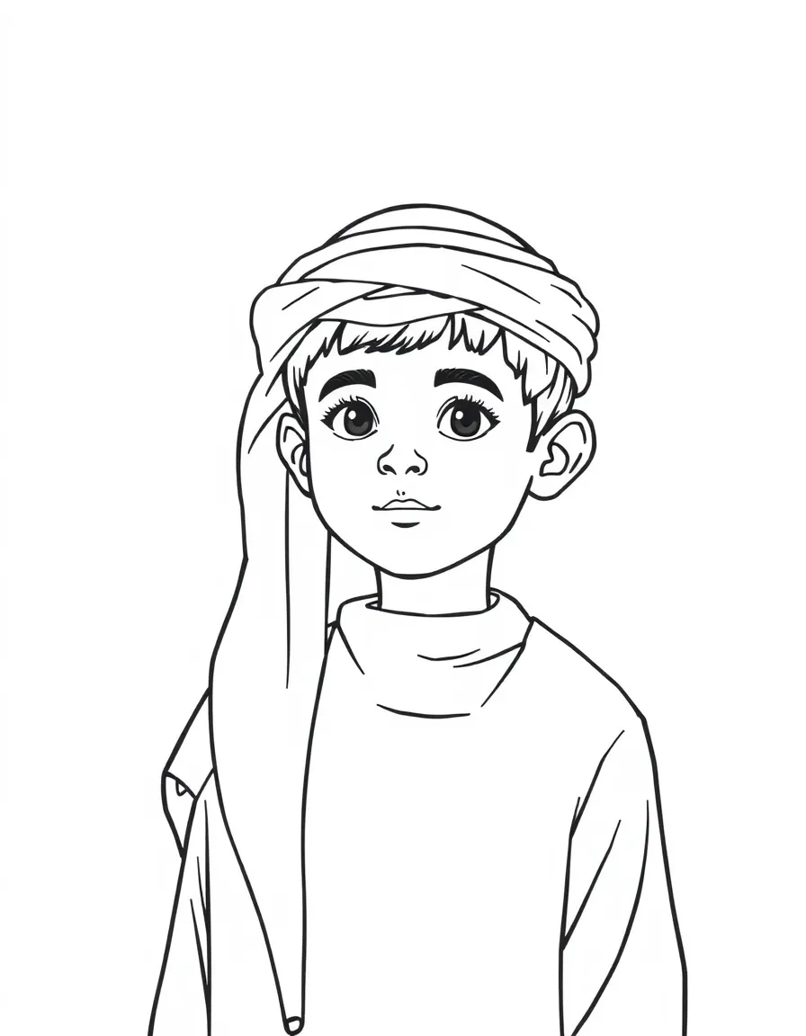 An Omani boy with short dark hair, wearing a plain white dishdasha.