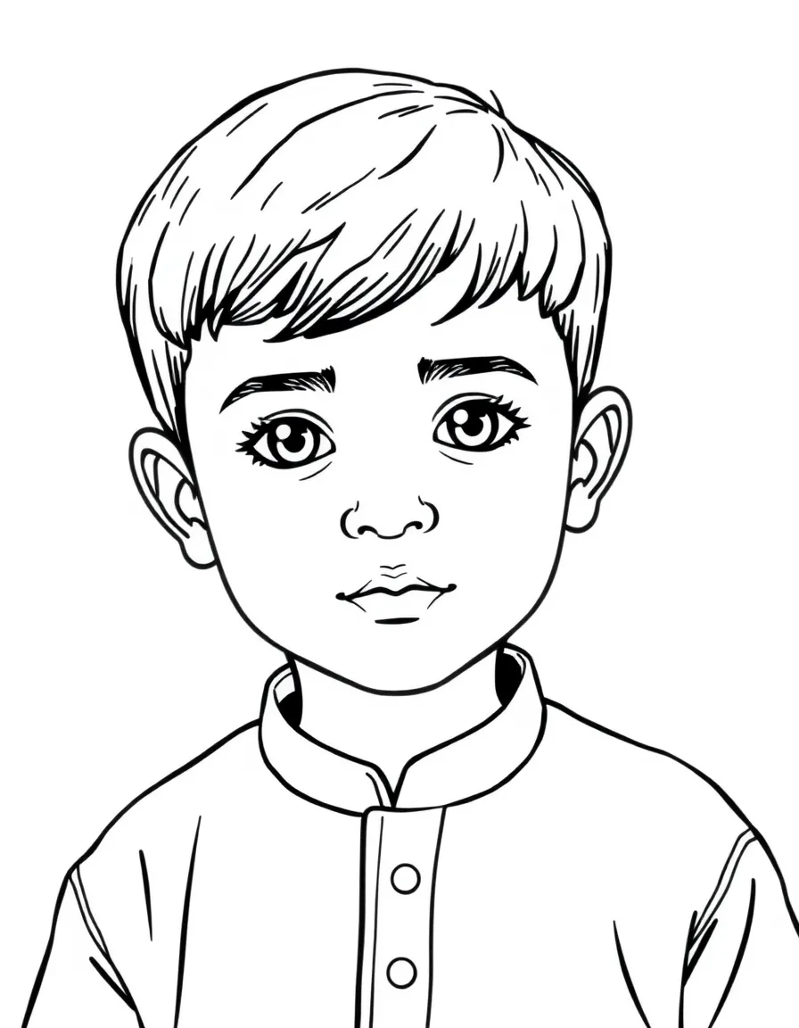 An Iraqi boy with short dark hair, wearing a plain blue traditional shirt.