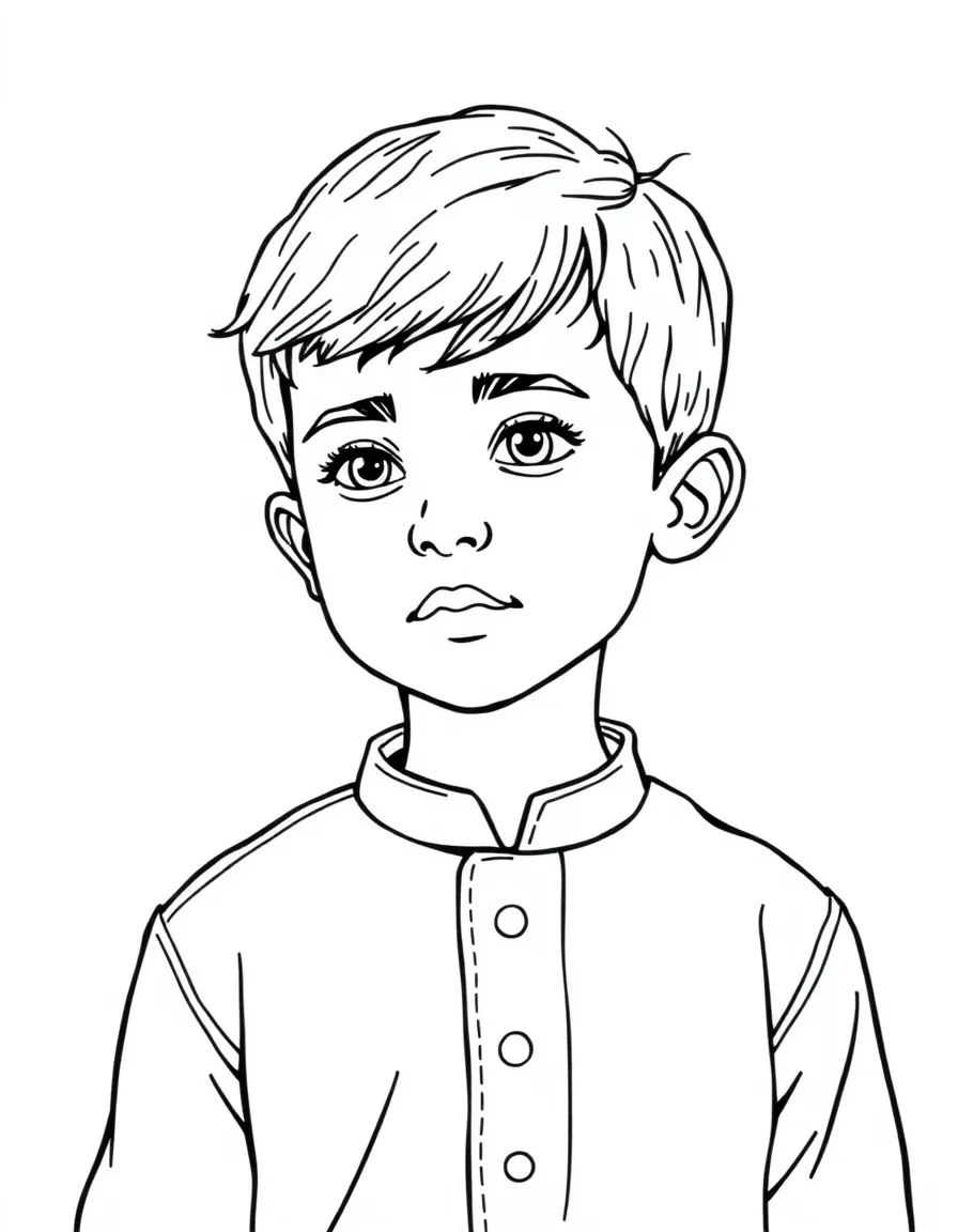 A Lebanese boy with short dark hair, wearing a plain green traditional shirt.