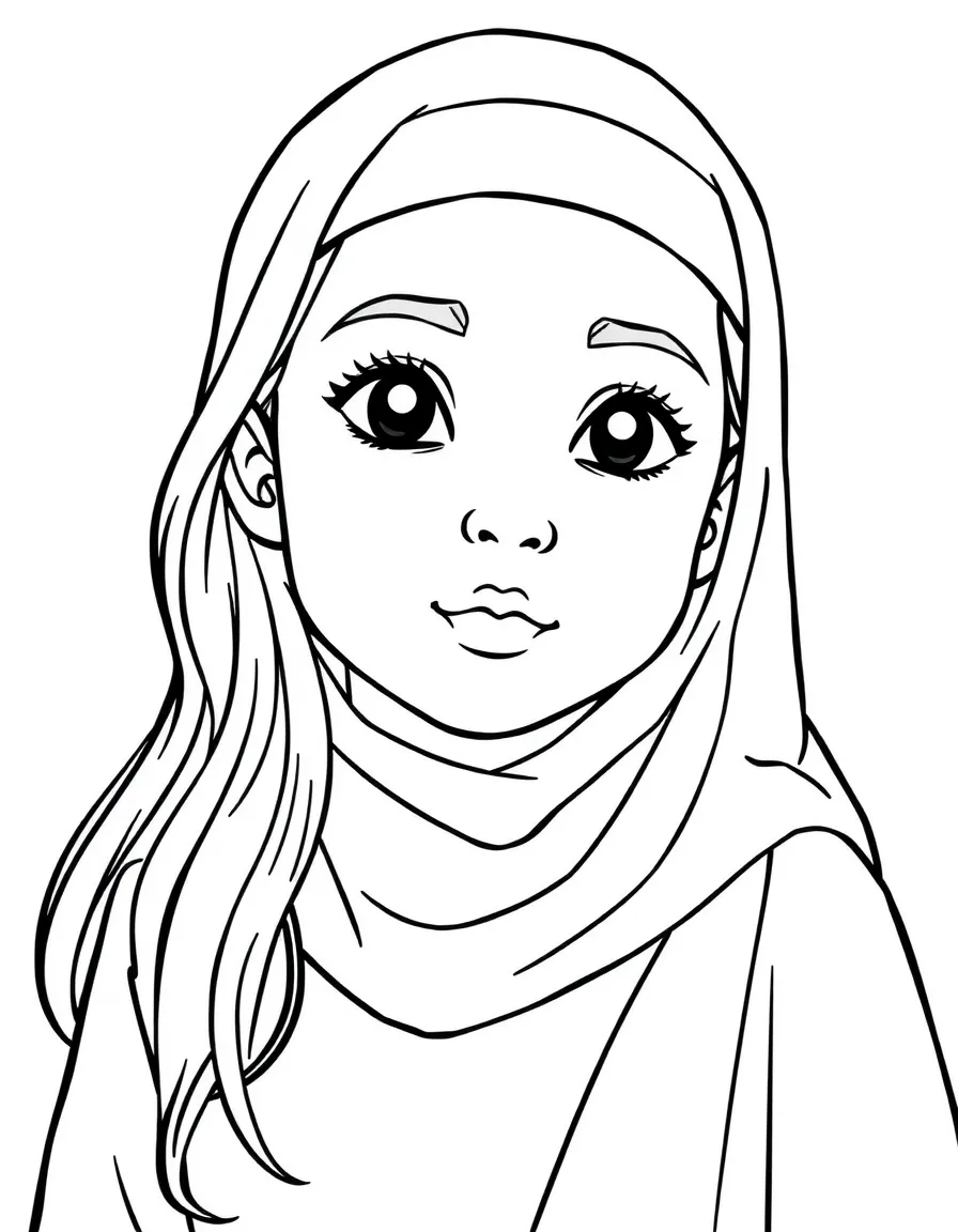 A Jordanian girl with long dark hair, wearing a plain black thobe.