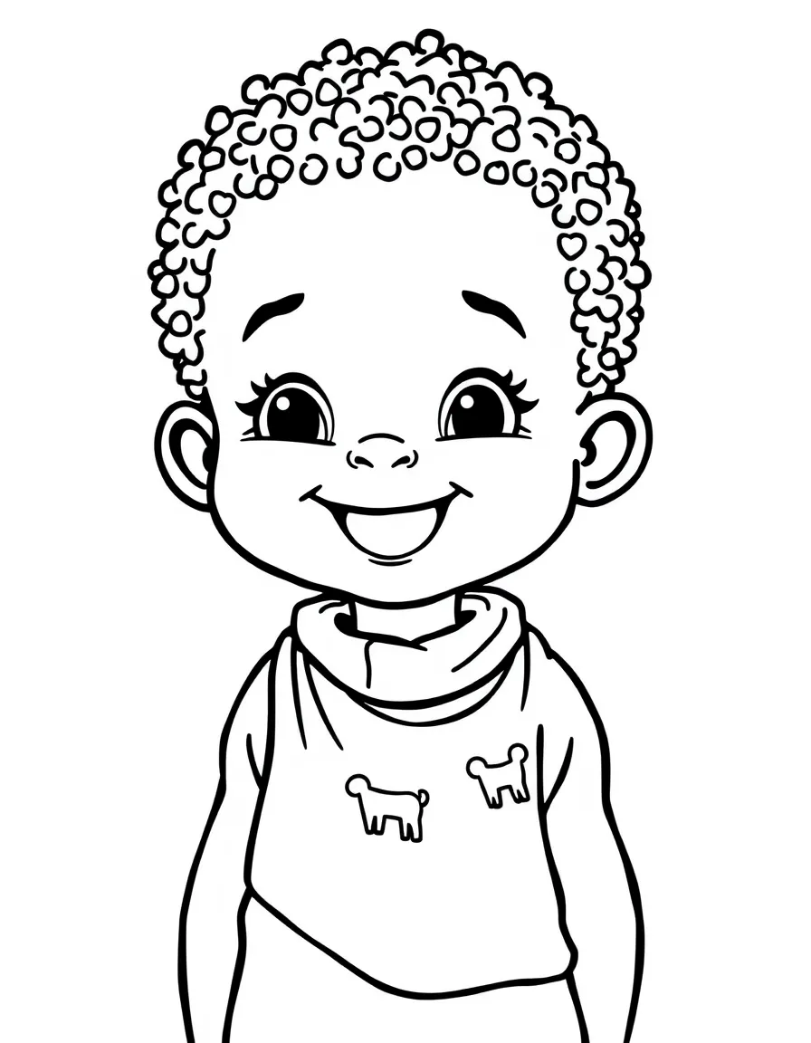A happy African child, wearing a simple colorful cloth, with a small animal print.