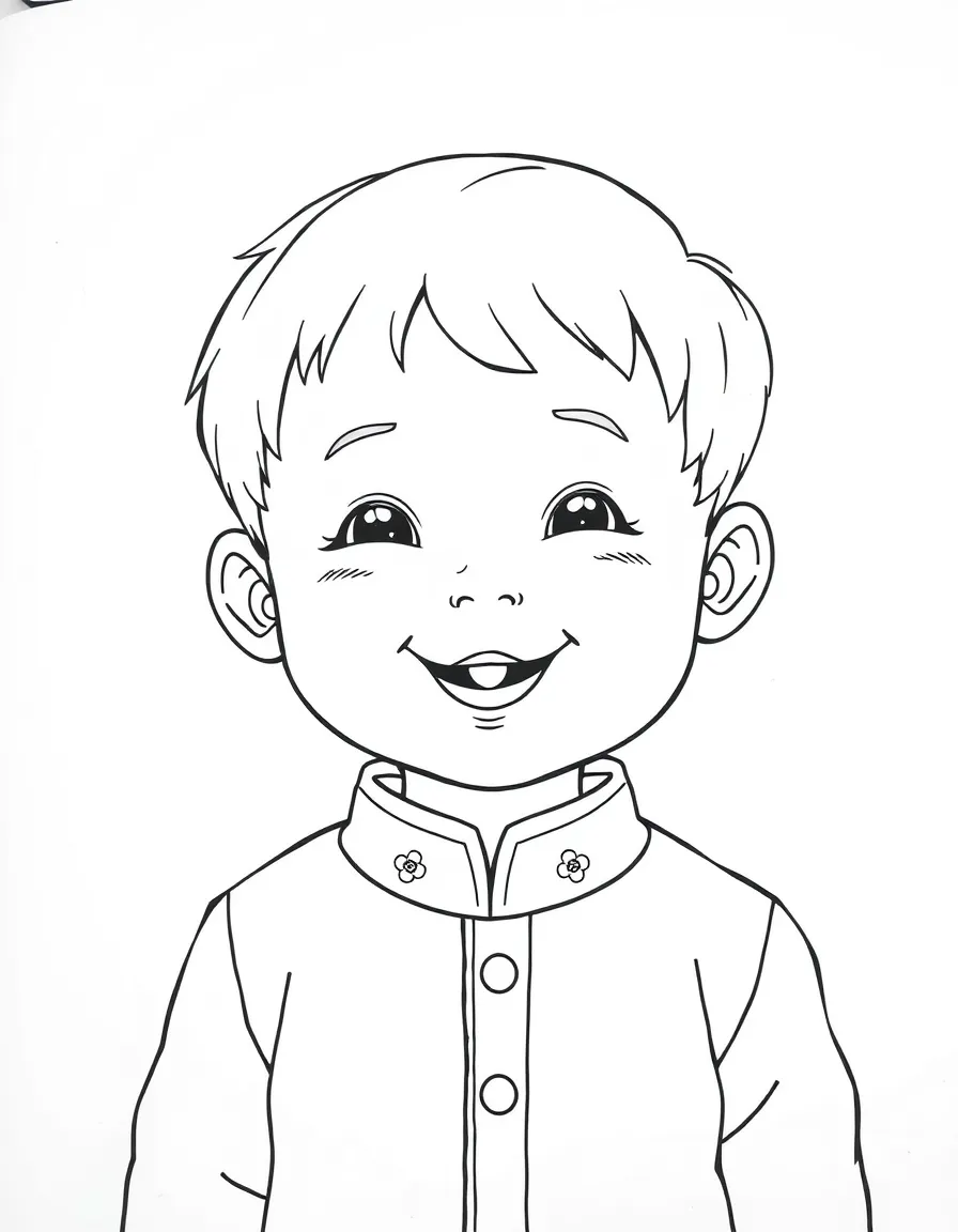 A smiling Chinese child, with a simple embroidered collar on their shirt.
