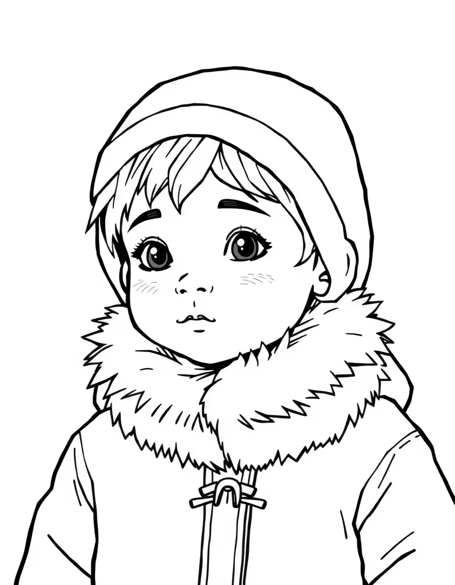An Inuit child, with a simple fur collar on their jacket.