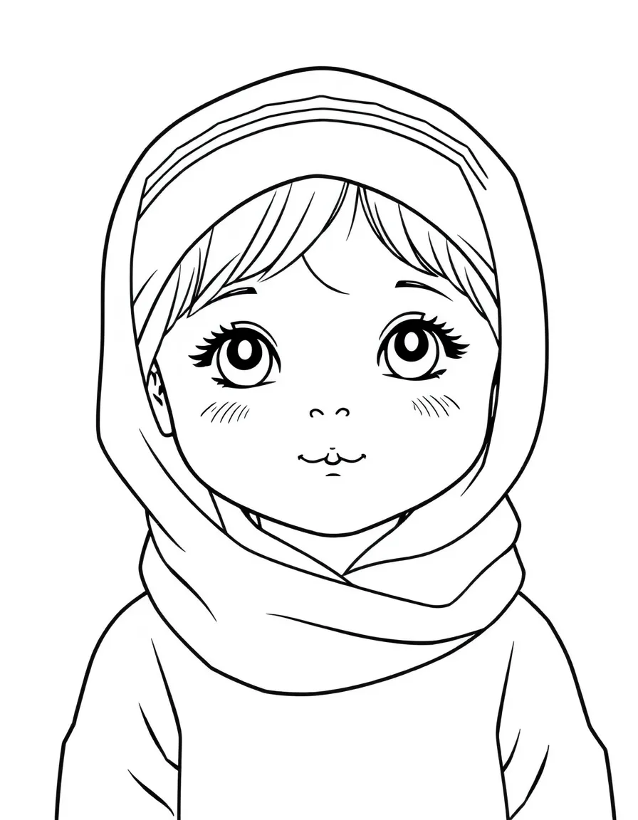 A Russian child, with a simple pattern on their headscarf.