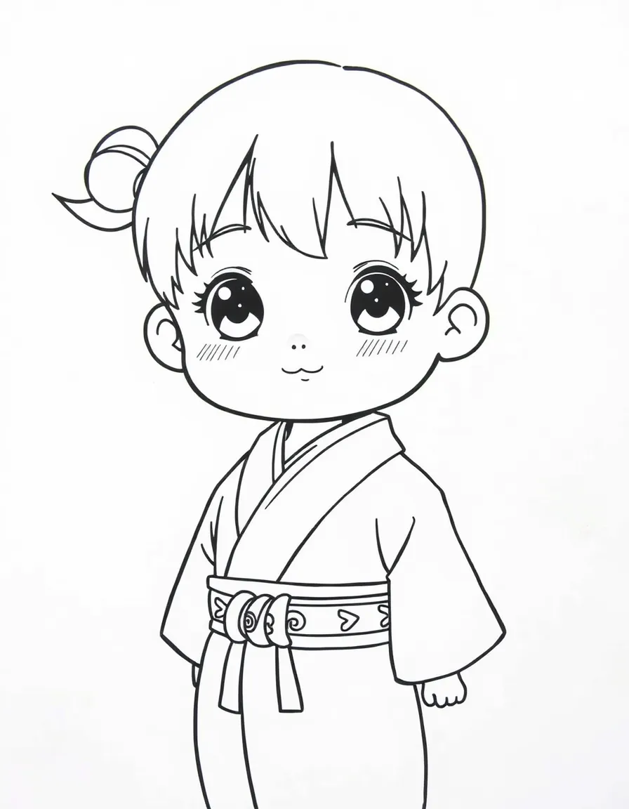 A Japanese child, with a simple patterned belt on their kimono.