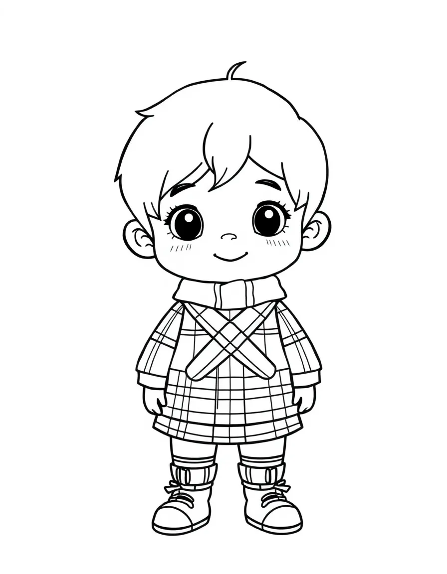 A Scottish child, with a simple plaid pattern on their clothes.