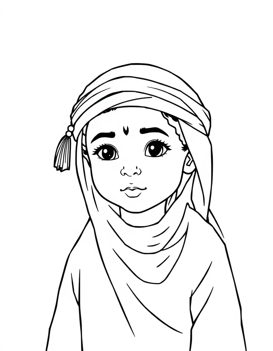 A Bedouin child, with a simple tassel on their headscarf.