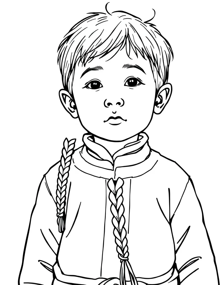 A Mongolian child, with a simple braided cord on their clothes.
