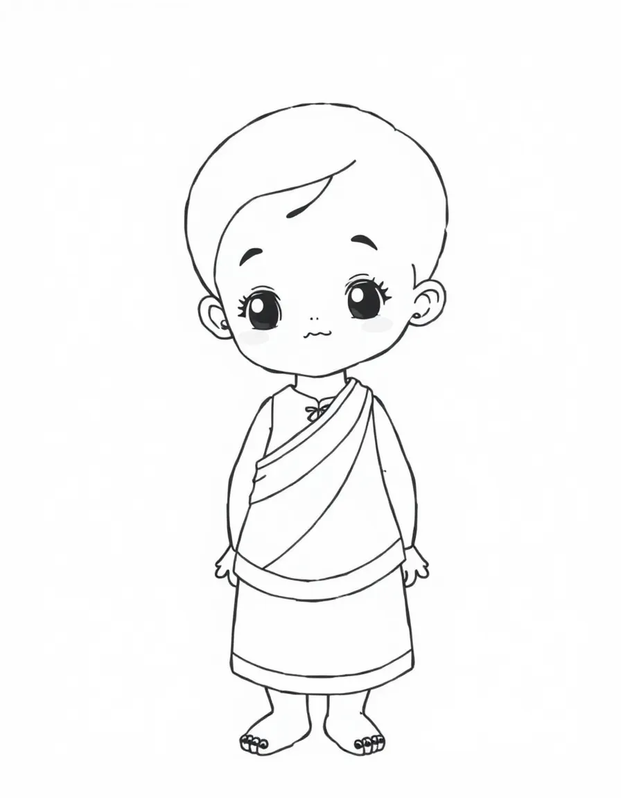 A Thai child, with a simple gold trim on their dress.