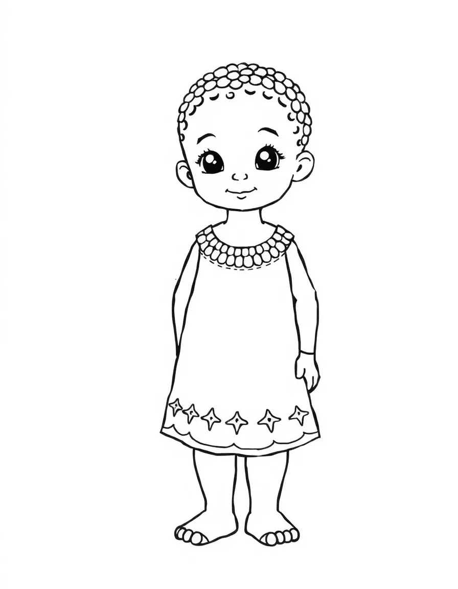 An Ethiopian child, with a simple pattern on the hem of their dress.