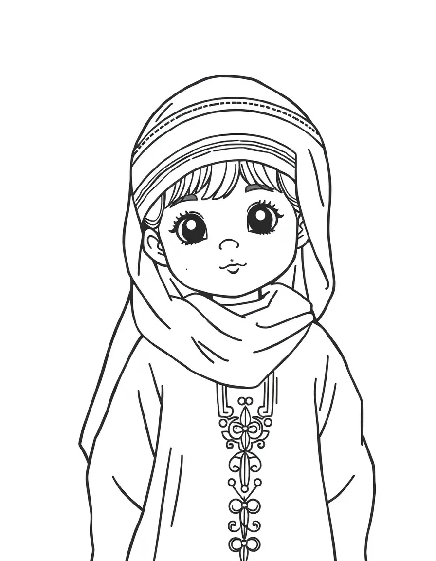 A Moroccan child, with a simple embroidered line on their djellaba.