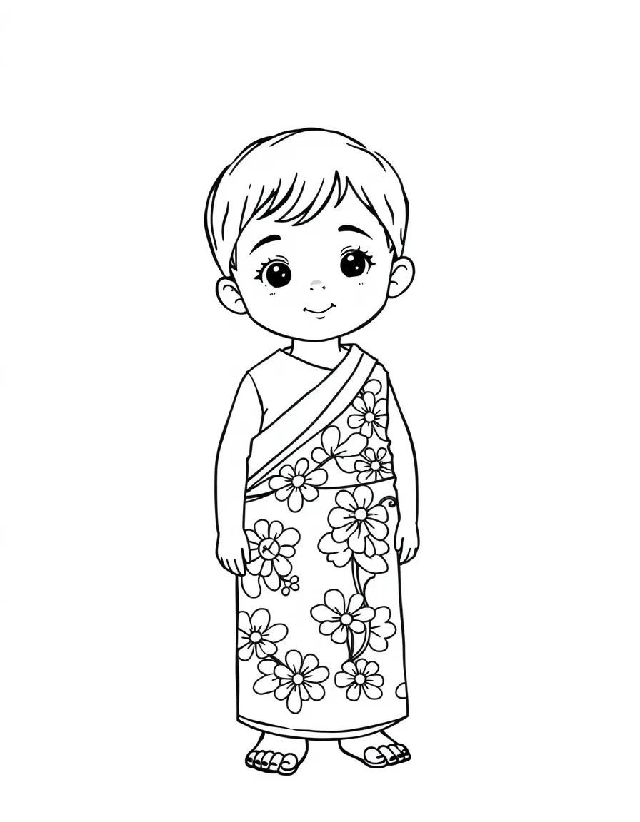 An Indonesian child, with a simple floral pattern on their sarong.