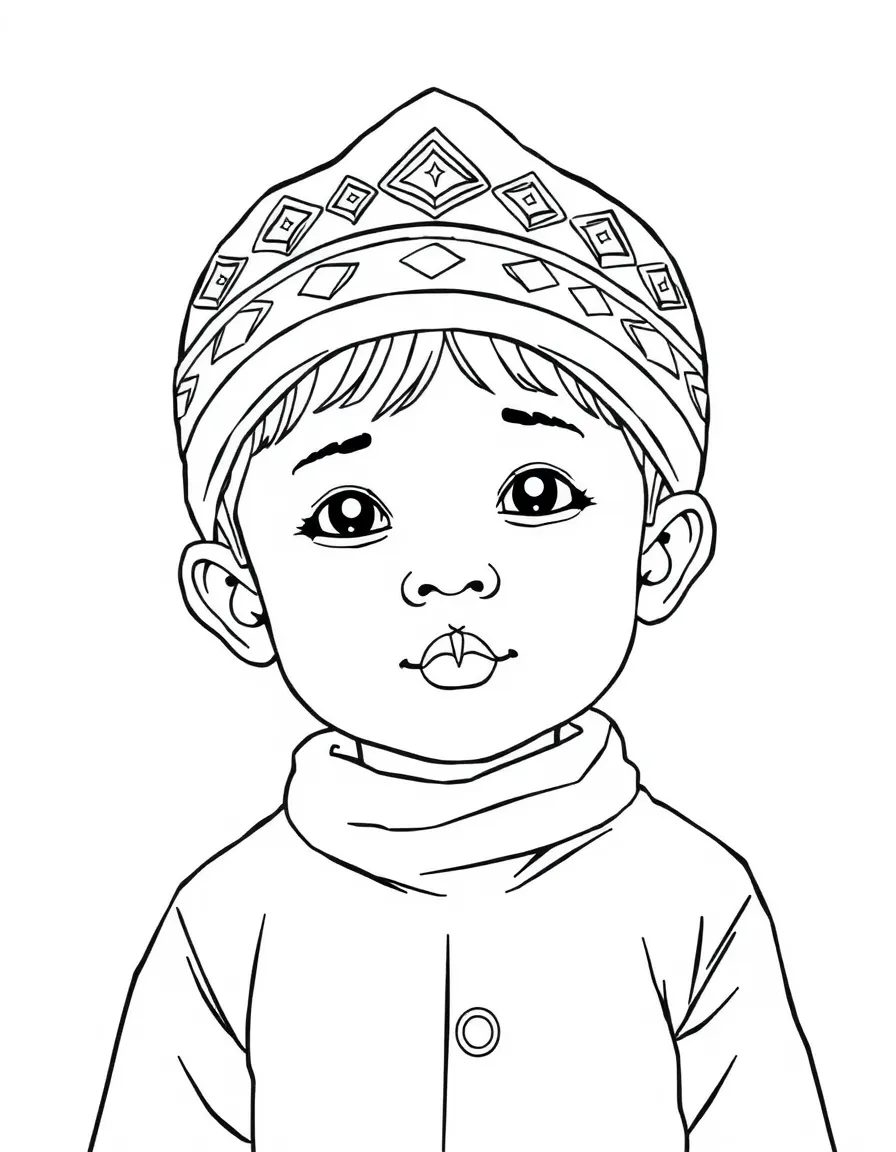 A Nepalese child, with a simple pattern on their hat.