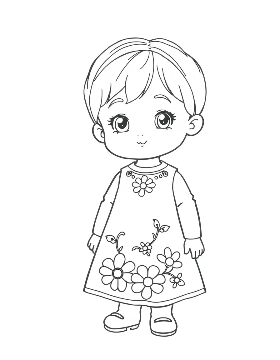 An Iranian child, with a simple floral design on their dress.