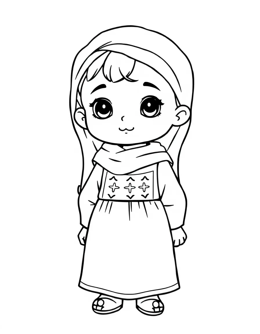 A Palestinian child, with a simple cross-stitch pattern on their dress.