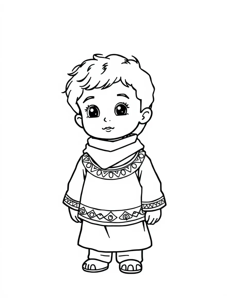 A Syrian child, with a simple patterned border on their clothes.