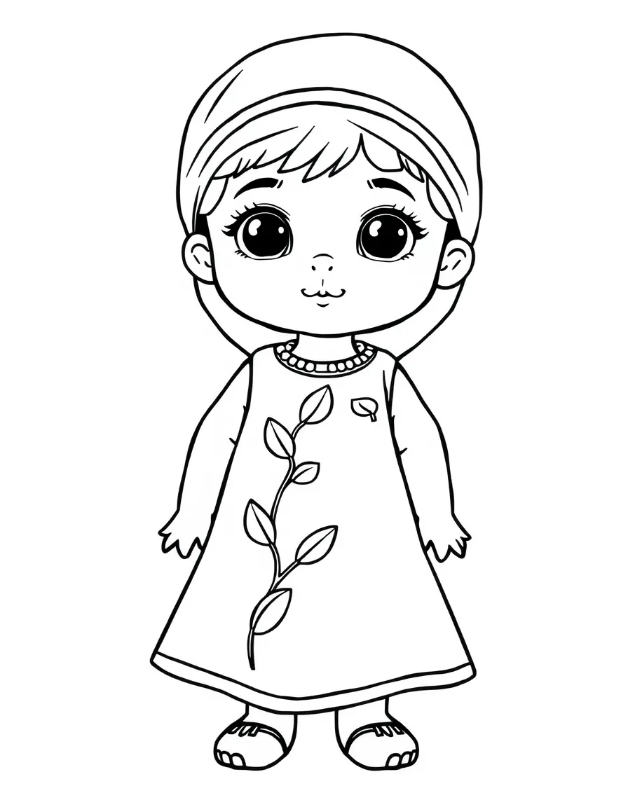 A Lebanese child, with a simple leaf pattern on their dress.