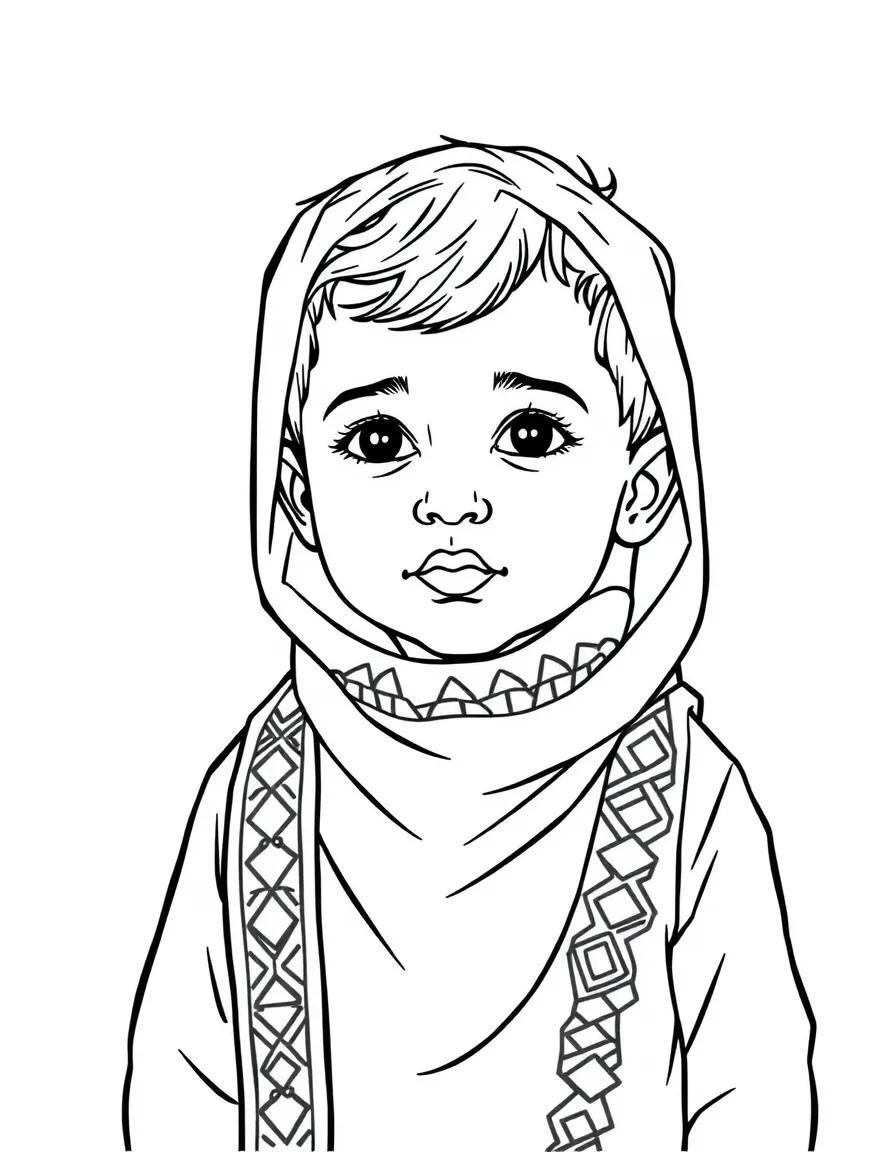A Jordanian child, with a simple geometric pattern on their scarf.
