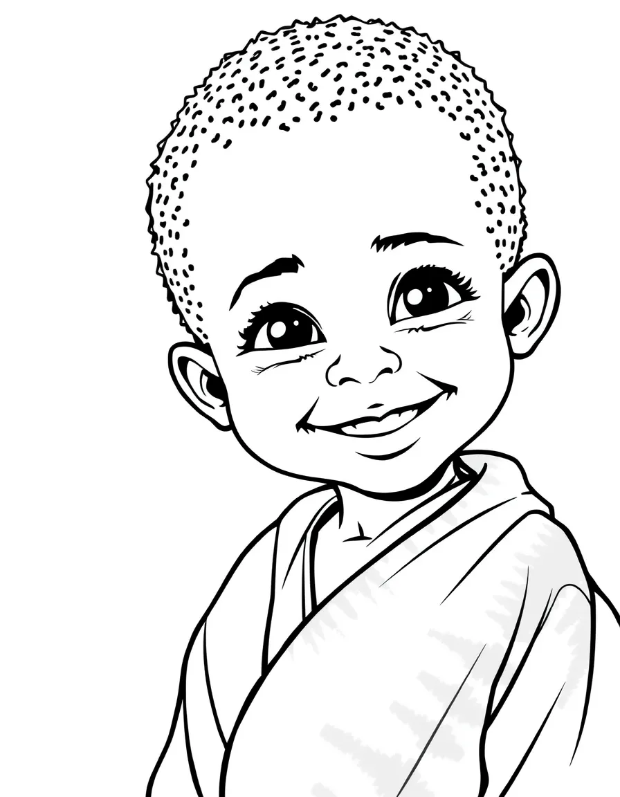 A smiling African child, wearing a simple robe with a tie-dye pattern.