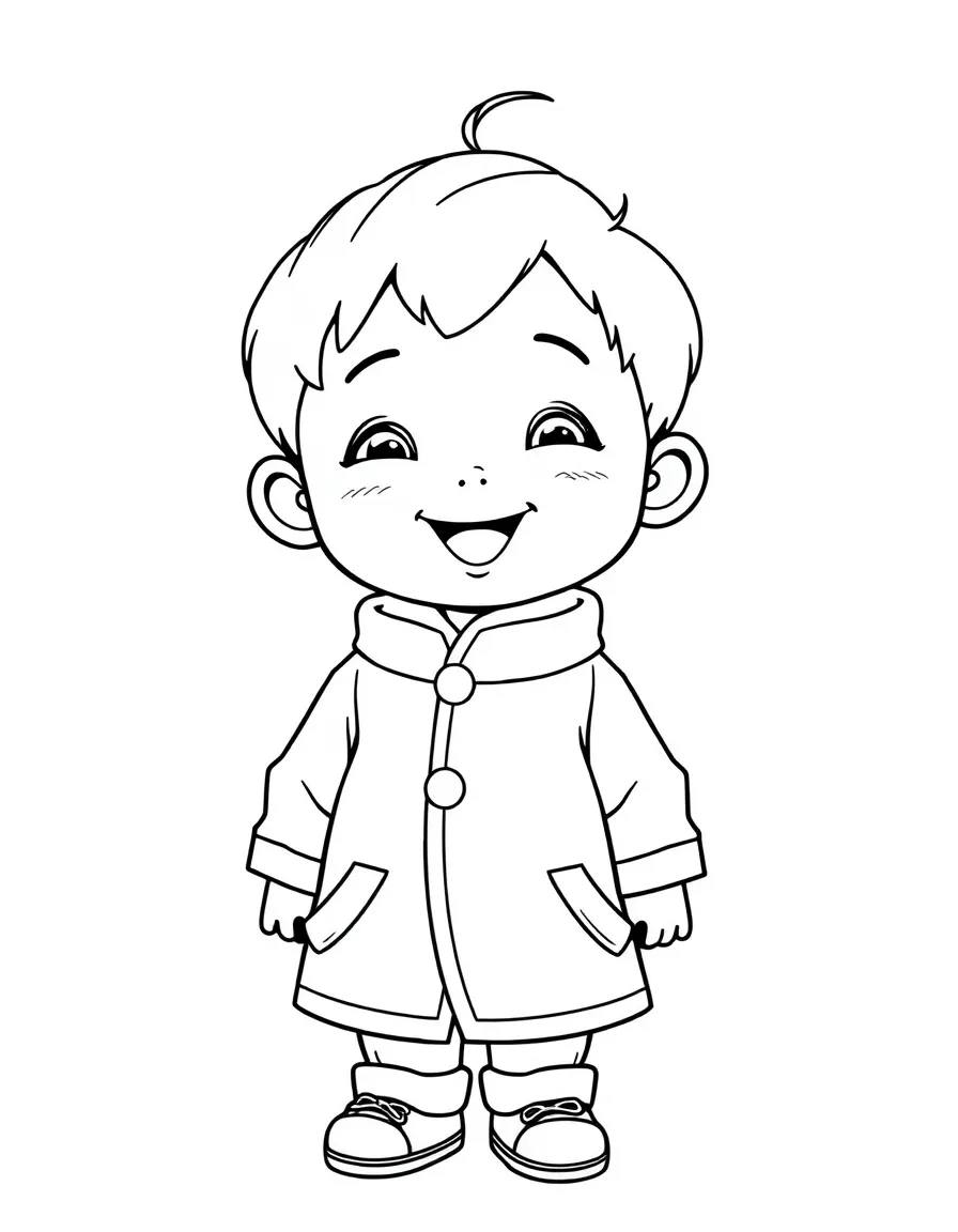 A cheerful Chinese child, in a simple jacket with a frog button.