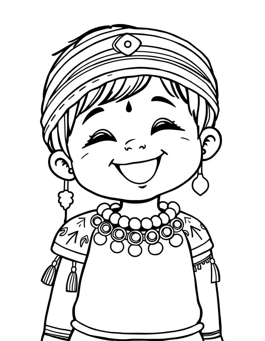 A joyful Indian child, with simple patterns on their cuffs.