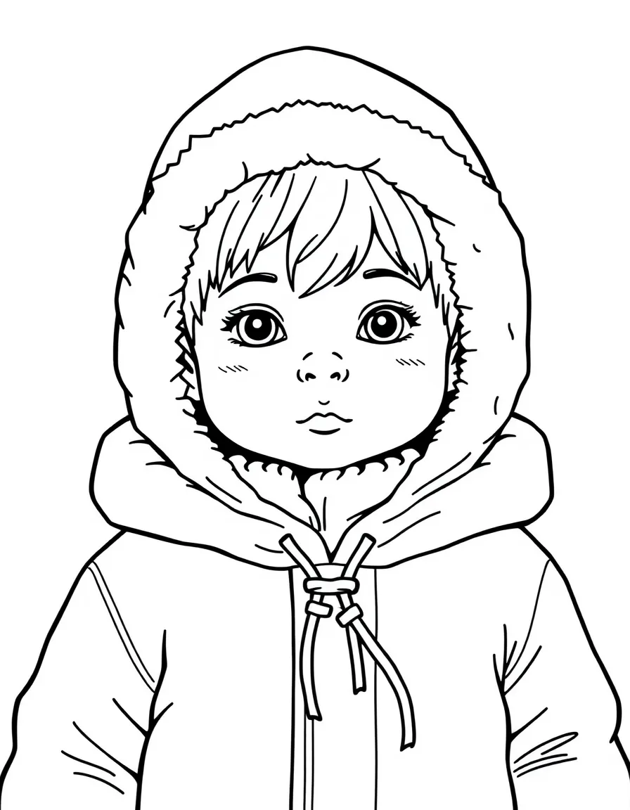 An Inuit child, with a simple drawstring on their parka hood.