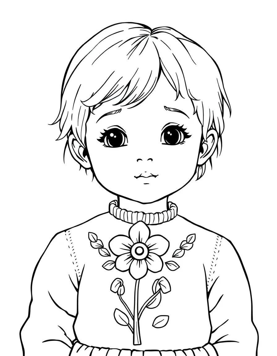 A Russian child, with a simple embroidered flower on their shirt.