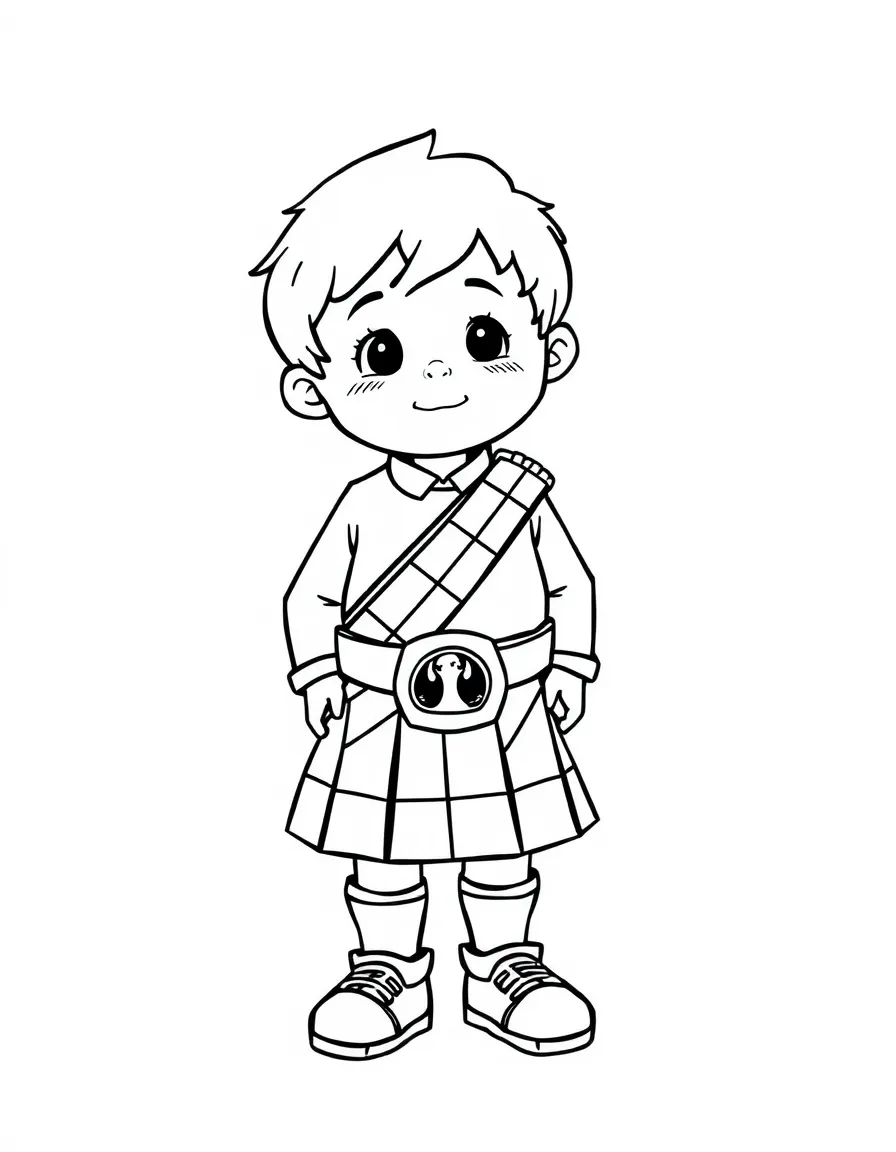 A Scottish child, with a simple diagonal pattern on their kilt.