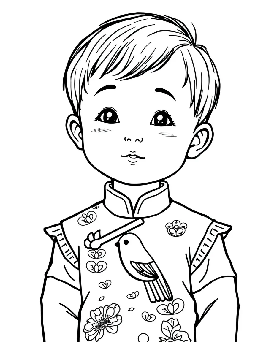 A Vietnamese child, with a simple bird pattern on their ao dai.