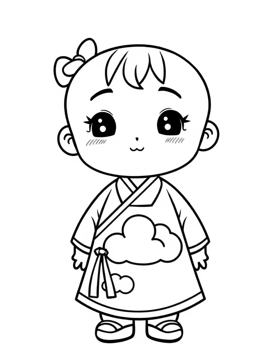 A Korean child, with a simple cloud pattern on their hanbok.