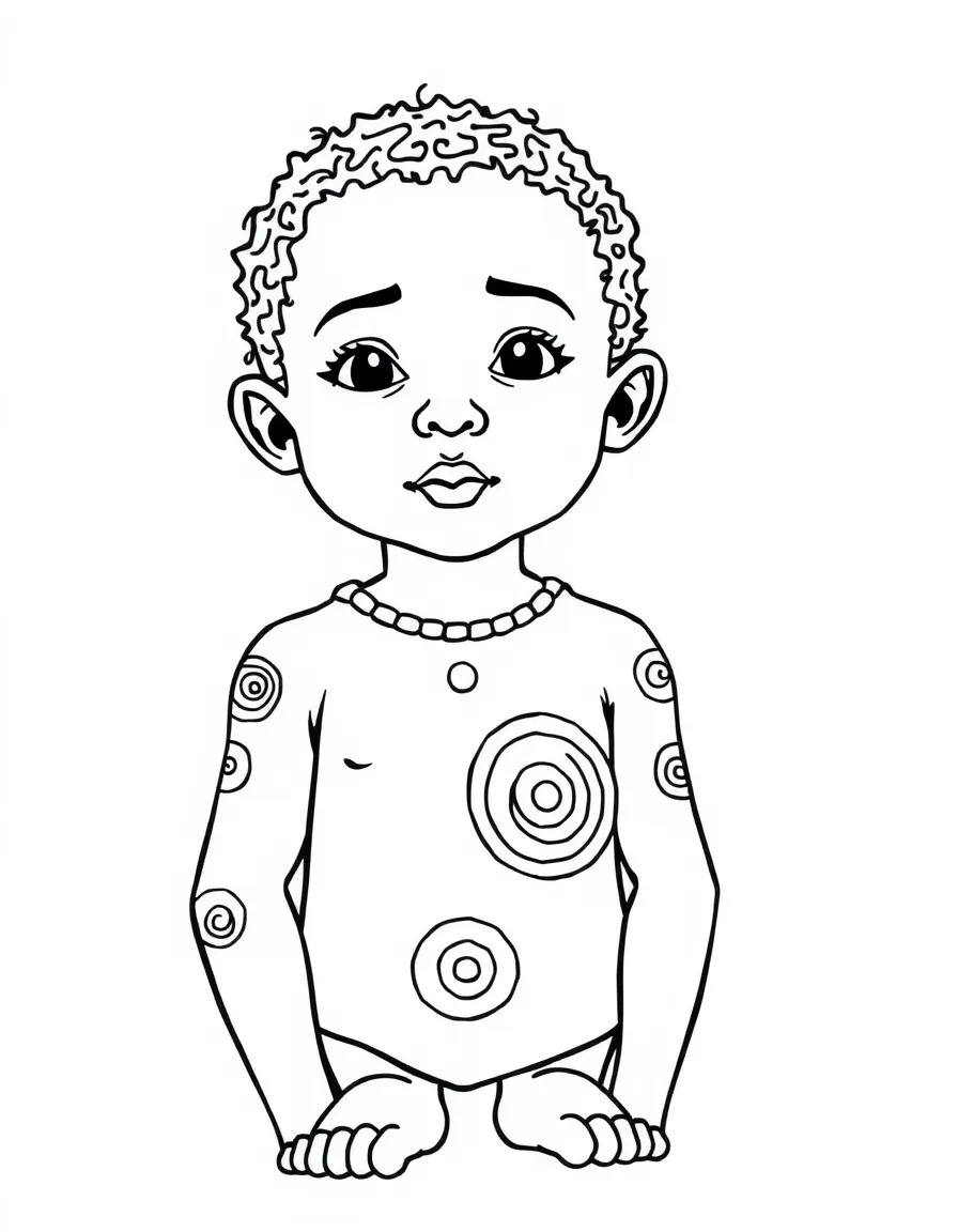 An Australian Aboriginal child, with simple spirals on their arms.