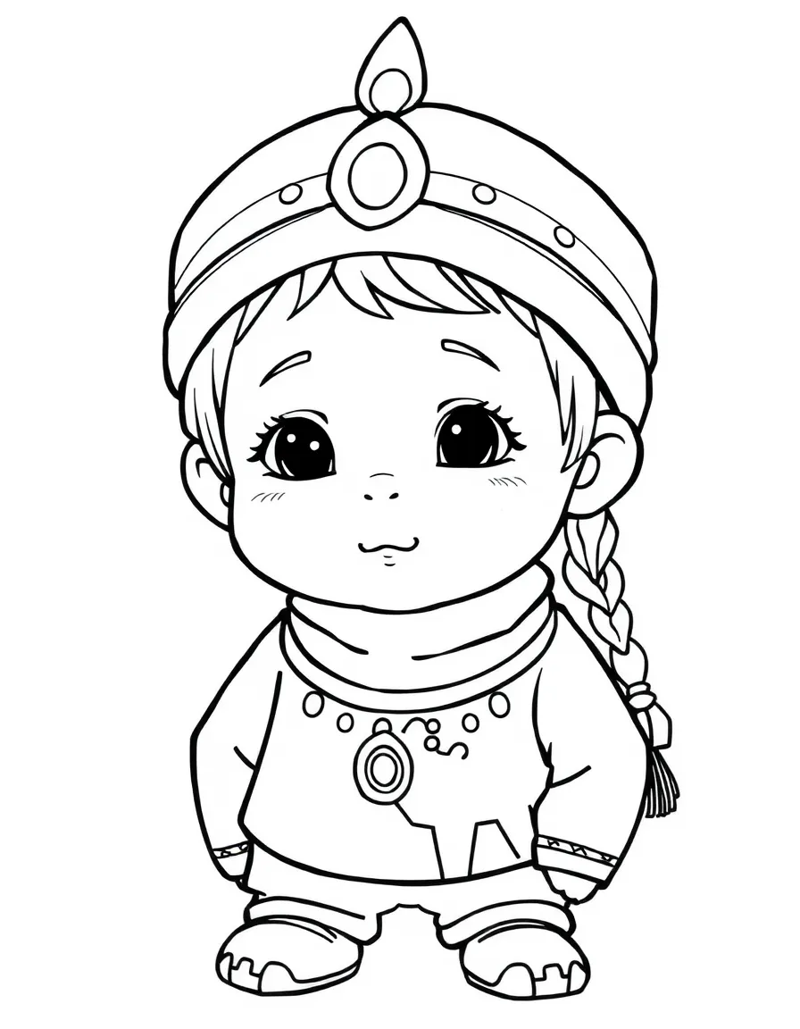 A Mongolian child, with a simple animal drawing on their deel.