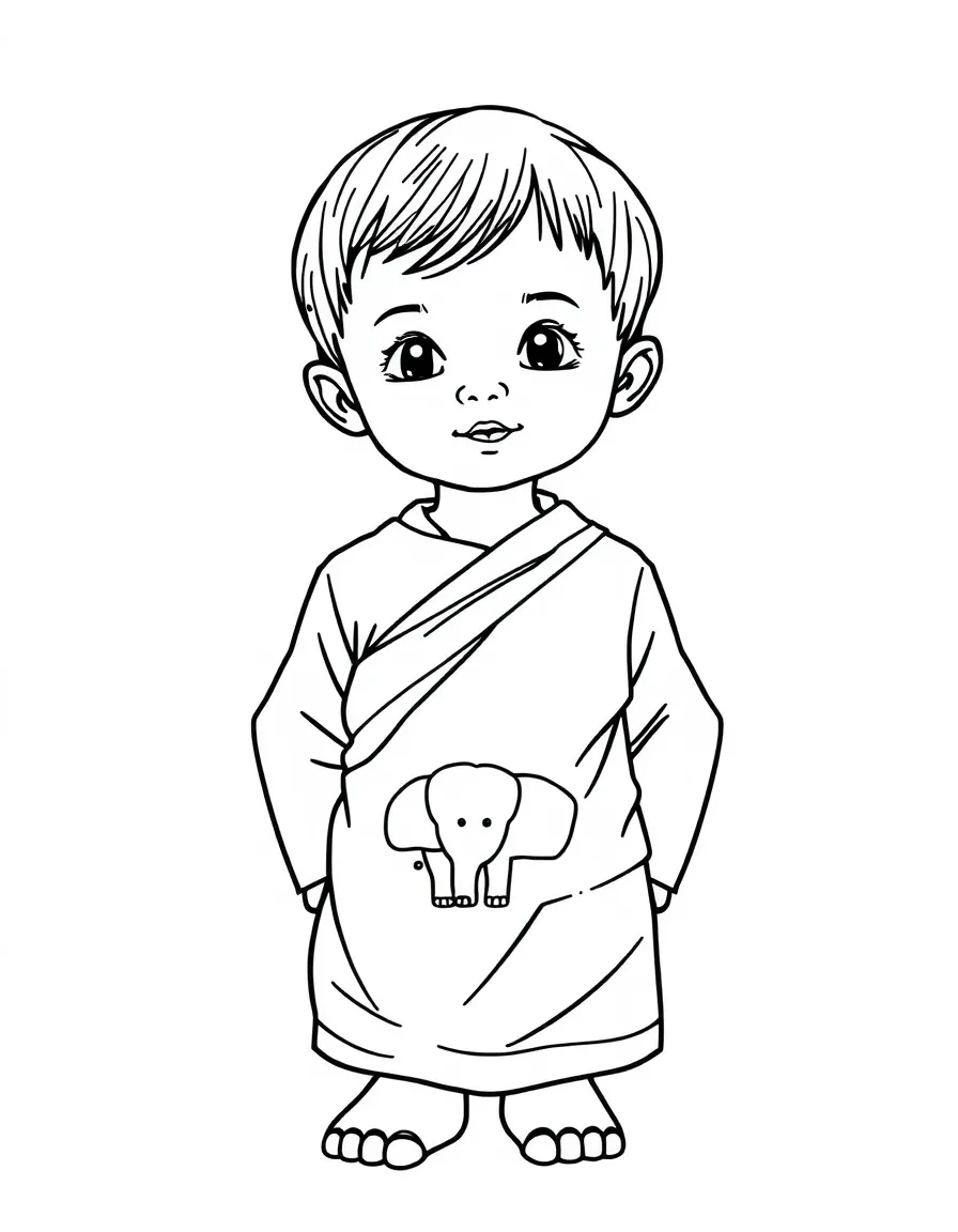 A Thai child, with a simple elephant pattern on their fabric.