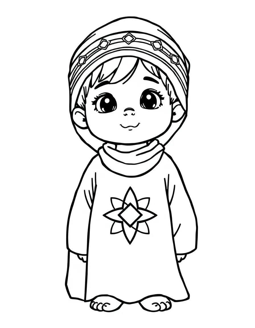 A Moroccan child, with a simple star pattern on their djellaba.