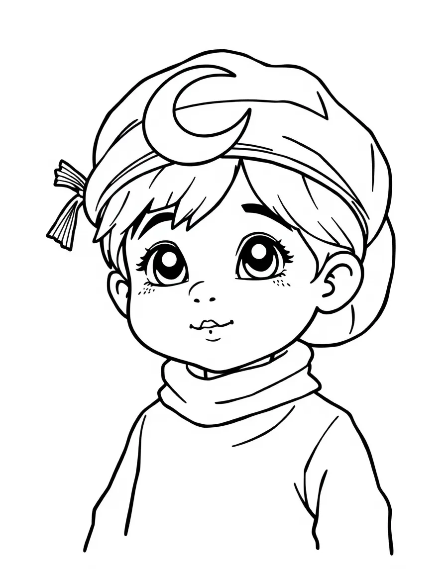 A Turkish child, with a simple crescent moon and star on their hat.