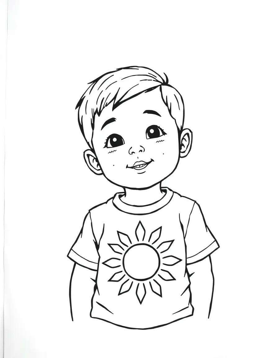 A Filipino child, with a simple sun design on their shirt.