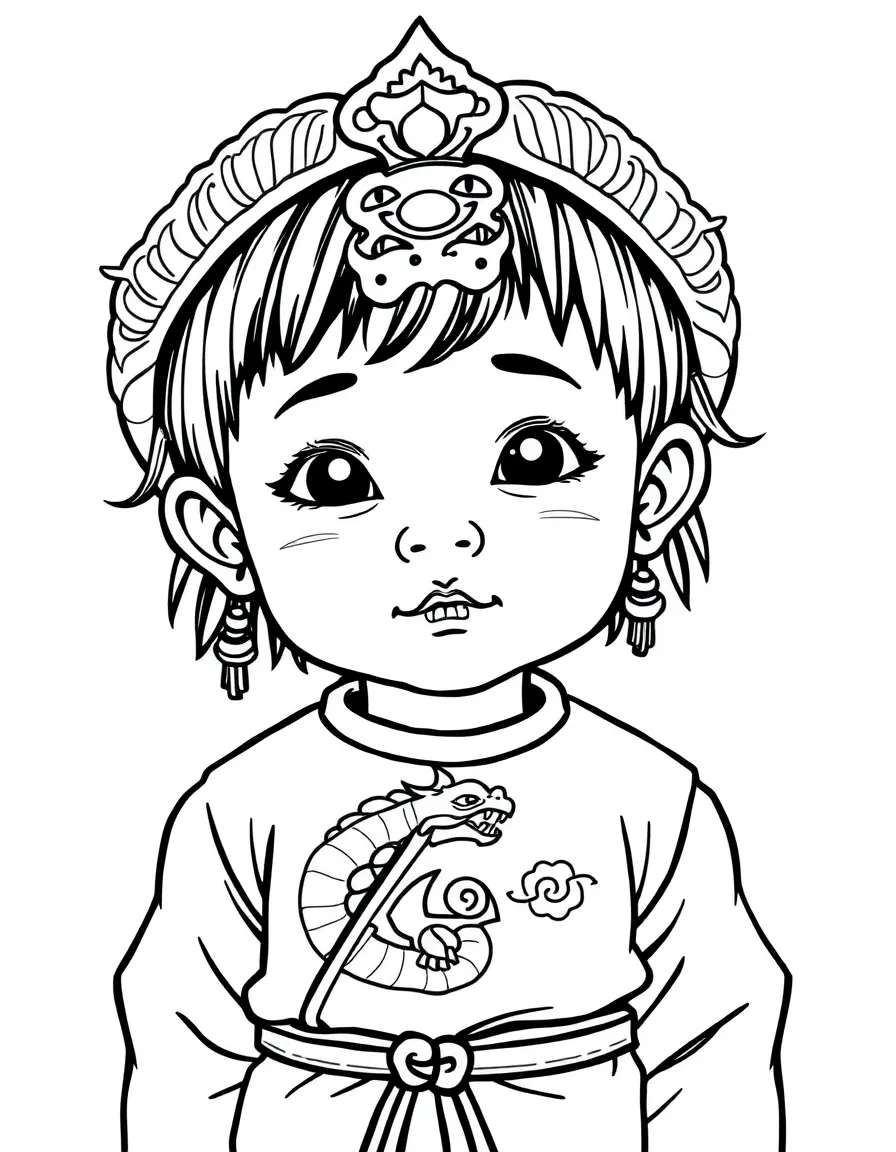A Laotian child, with a simple dragon pattern on their sinh.