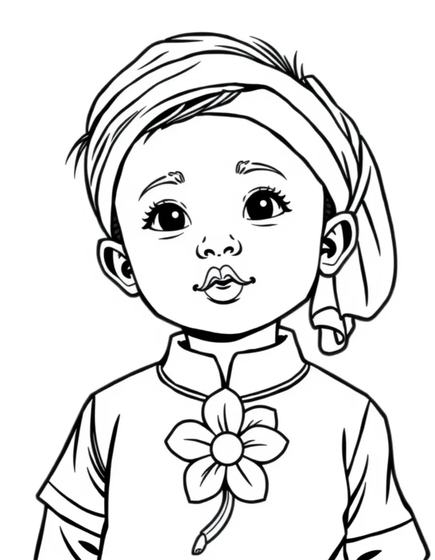 A Malaysian child, with a simple flower design on their baju kurung.