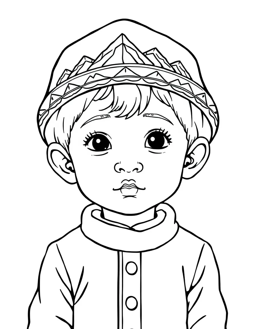 A Nepalese child, with a simple mountain pattern on their hat.