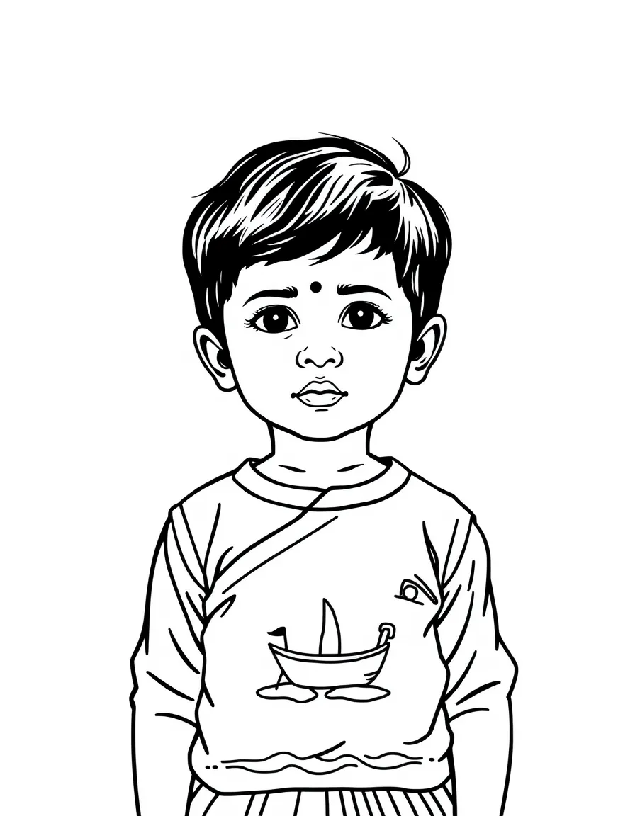 A Bangladeshi child, with a simple boat pattern on their clothes.